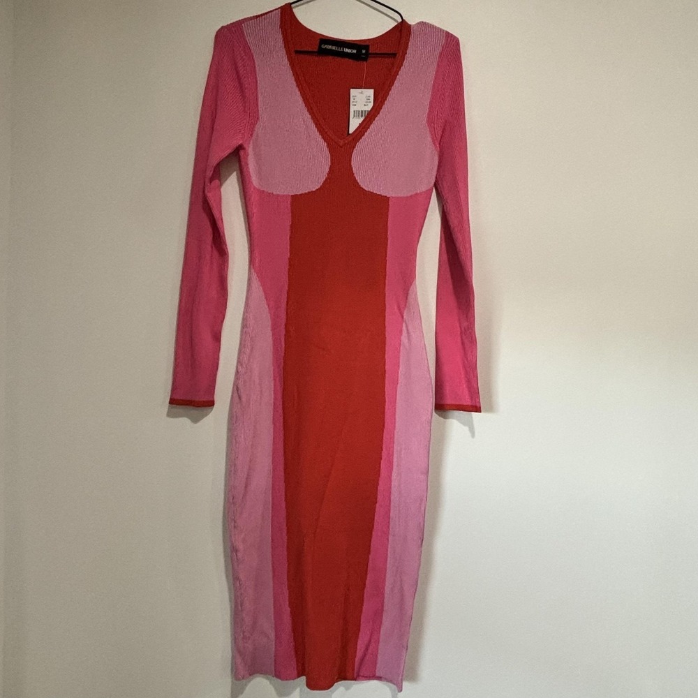 Gabrielle Union Dress‎ Womens Medium Multicolor Colorblock Knit Bodycon Midi NWT